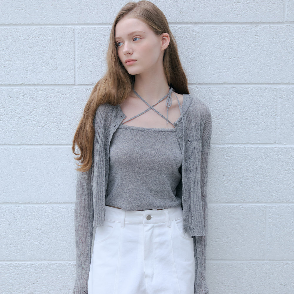 ODER [SET]_Linen scarf cardigan + sleeveless-gray