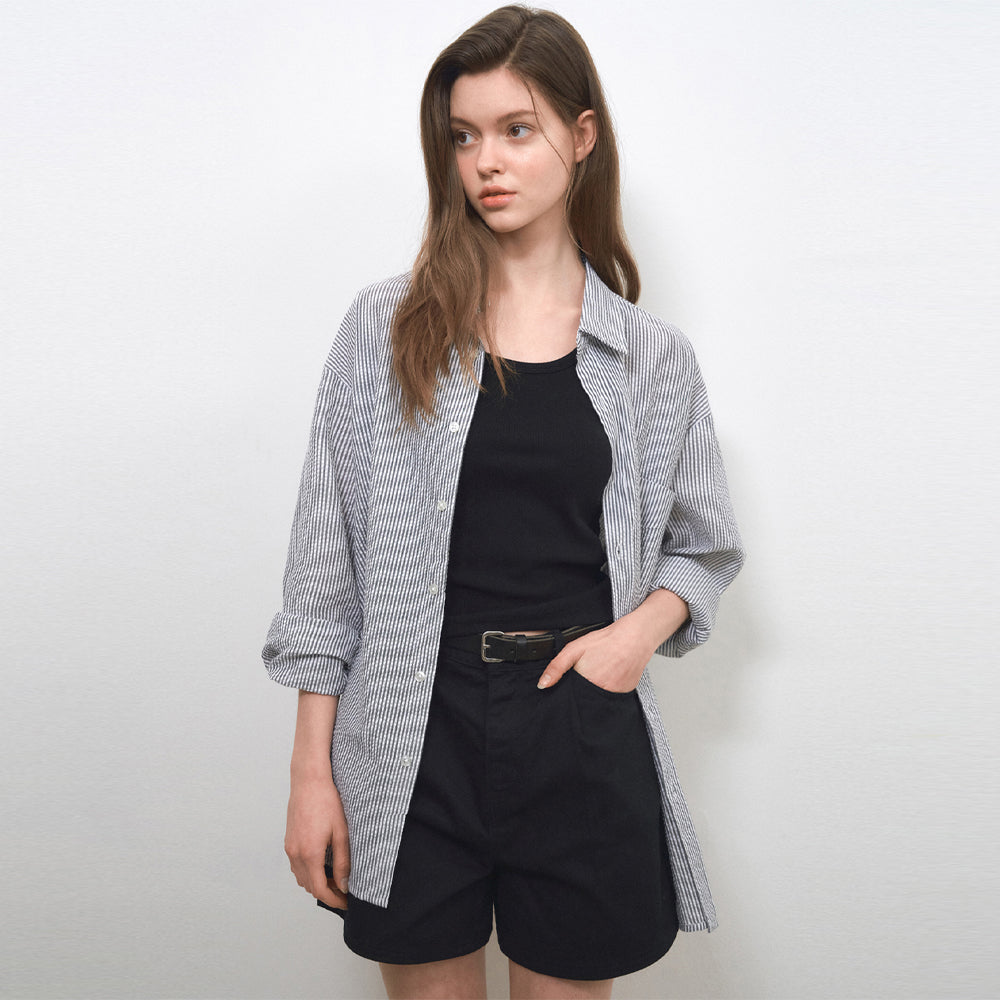 WEDNESDAYOASIS W/Seersucker Stripe Shirts_BLACK(WC25-SH04)