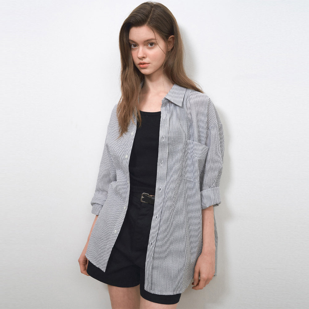 WEDNESDAYOASIS W/Seersucker Stripe Shirts_BLACK(WC25-SH04)