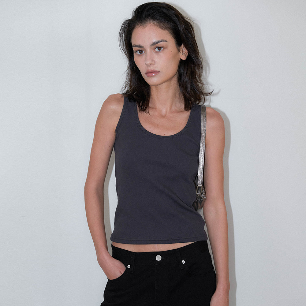 EVESAGE [6th reorder] Ribbed tank top (Charcoal)