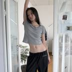 OVERDUE FLAIR BUTTON EYELET T-SHIRT_MELANGE GREY