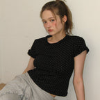 RONRON NECK RUFFLE SHORT SLEEVE T SHIRT BLACK DOT