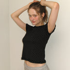 RONRON NECK RUFFLE SHORT SLEEVE T SHIRT BLACK DOT