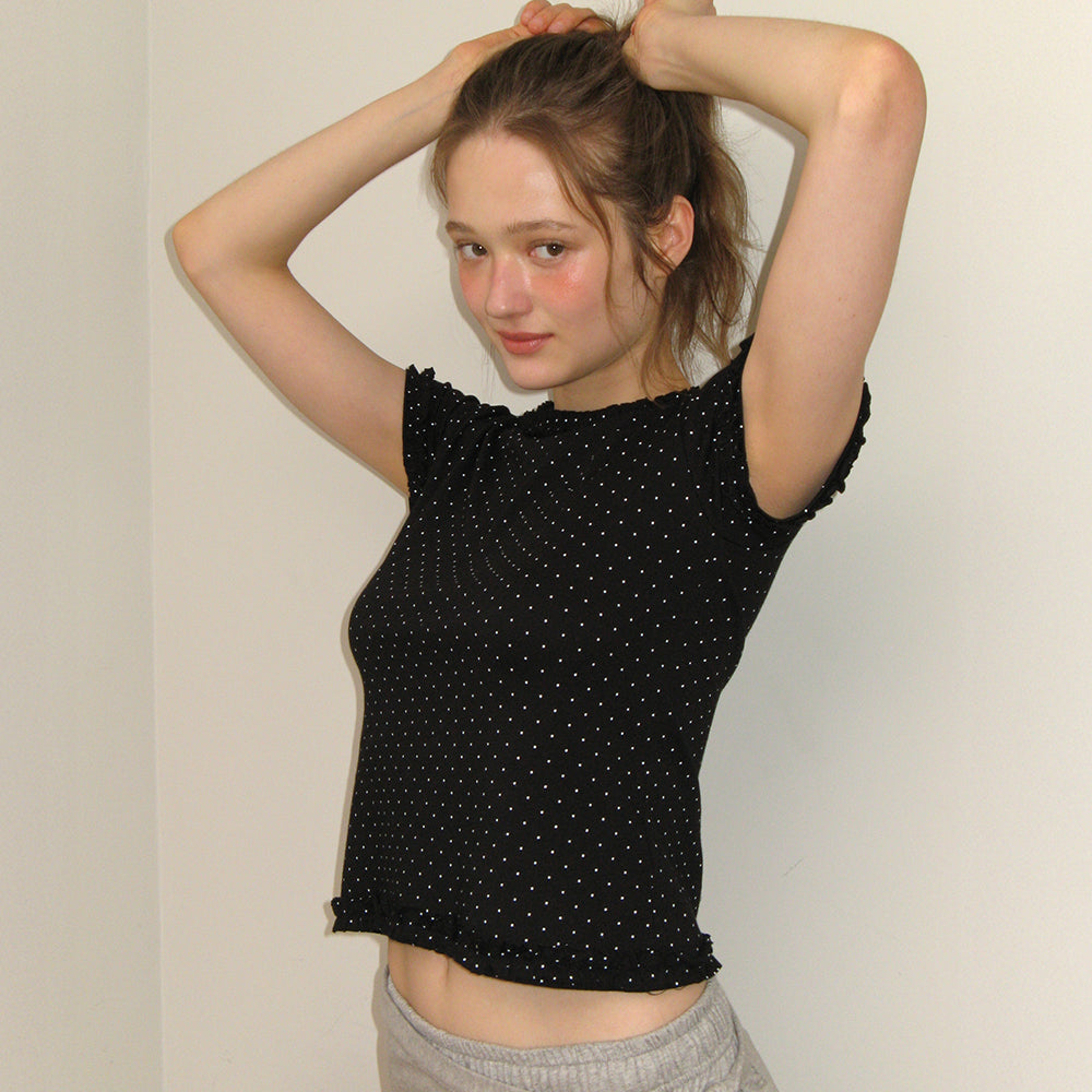 RONRON NECK RUFFLE SHORT SLEEVE T SHIRT BLACK DOT