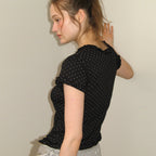 RONRON NECK RUFFLE SHORT SLEEVE T SHIRT BLACK DOT