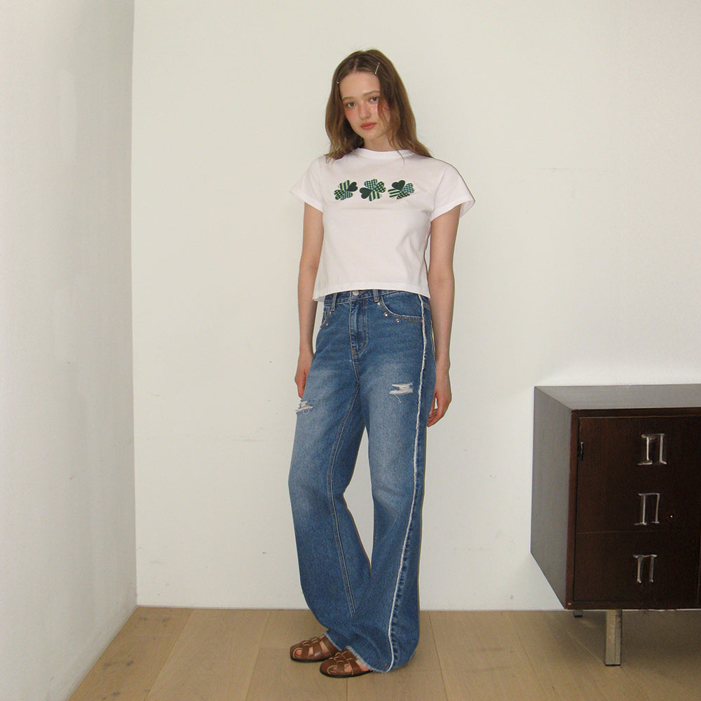 RONRON 3 CLOVER CROP T SHIRT WHITE