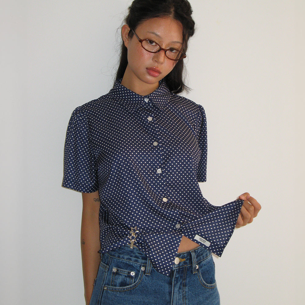 RONRON POLKA DOT SHORT SLEEVE SHIRT NAVY