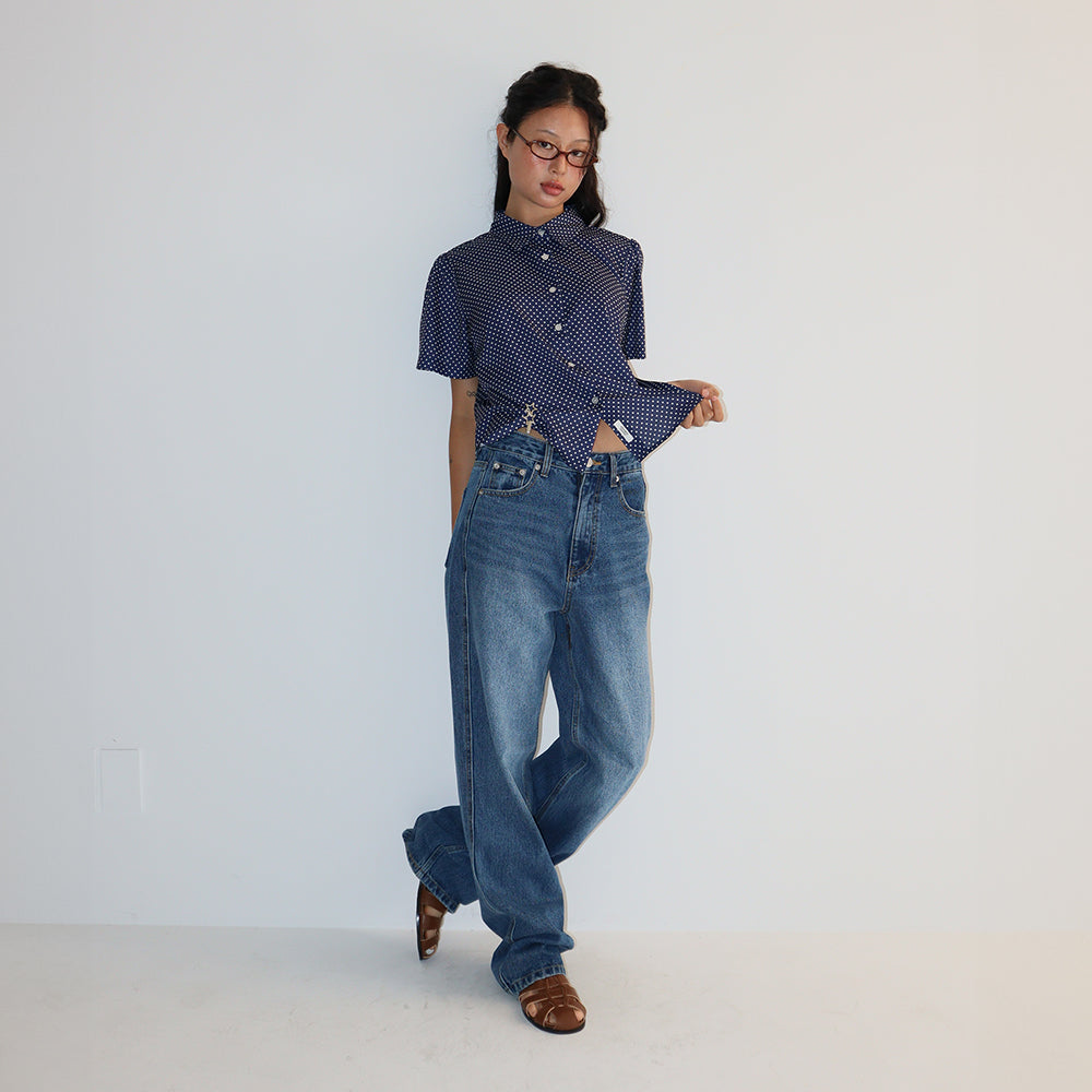 RONRON POLKA DOT SHORT SLEEVE SHIRT NAVY