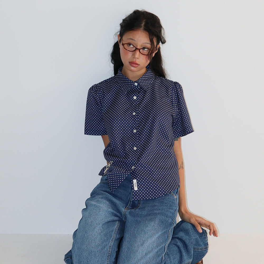 RONRON POLKA DOT SHORT SLEEVE SHIRT NAVY
