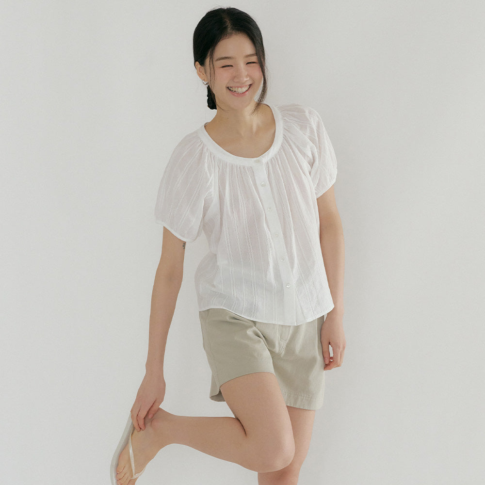 LINGSEOUL jacquard shirring blouse-ivory