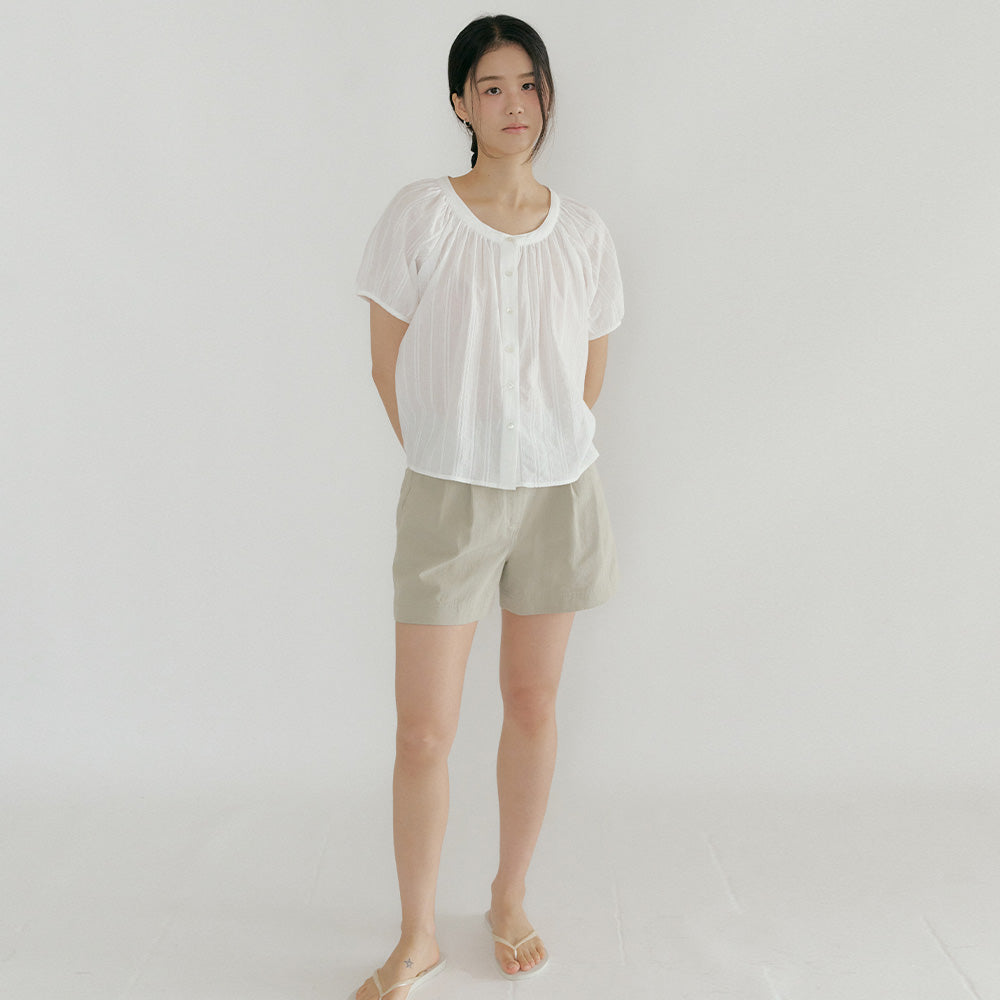 LINGSEOUL jacquard shirring blouse-ivory