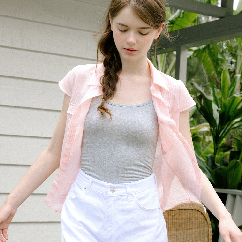 LETTER FROM MOON Striped see-through slim shirt (pink)