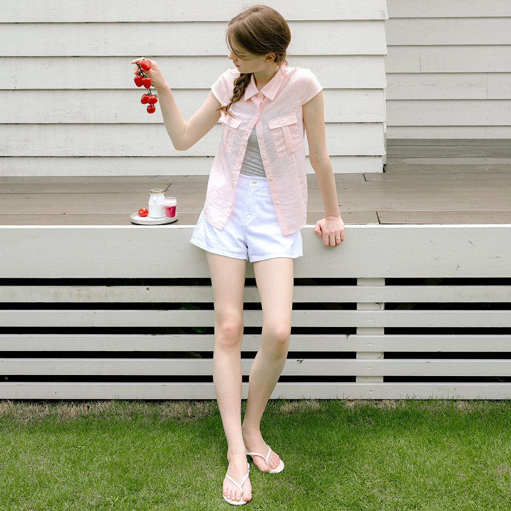 LETTER FROM MOON Striped see-through slim shirt (pink)