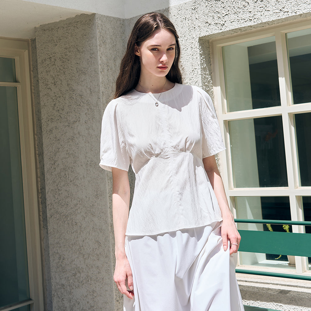 DRAWFIT WOMEN Edel puff sleeve short sleeve blouse [IVORY]