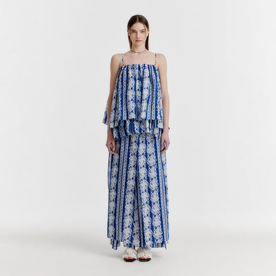YOVELO Long Slit Silk Skirt - Blue
