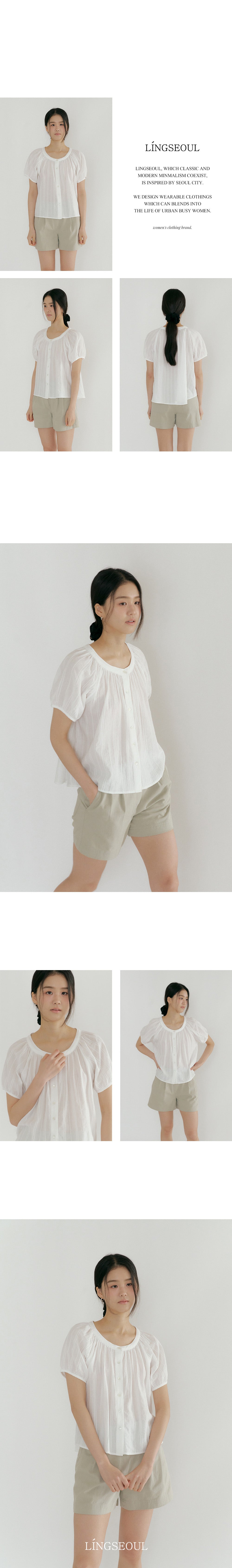 LINGSEOUL jacquard shirring blouse-ivory