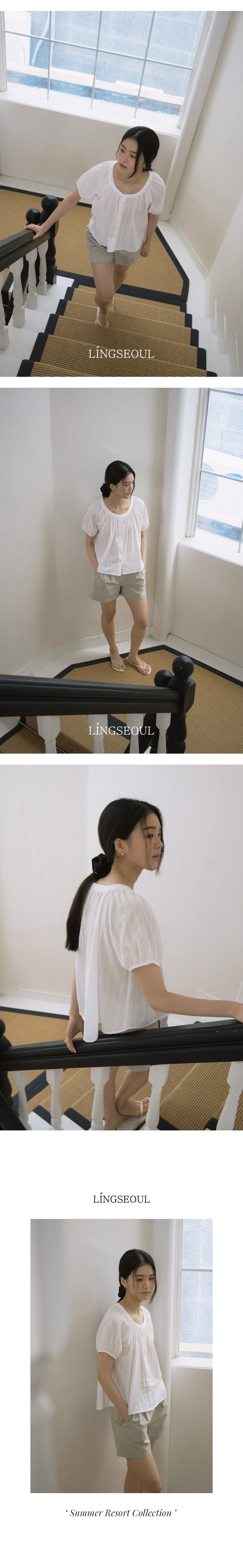 LINGSEOUL jacquard shirring blouse-ivory