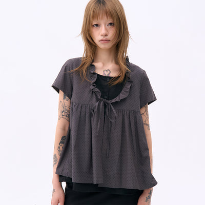 Layered strap dot frill short sleeve blouse shirt _ 2COLOR