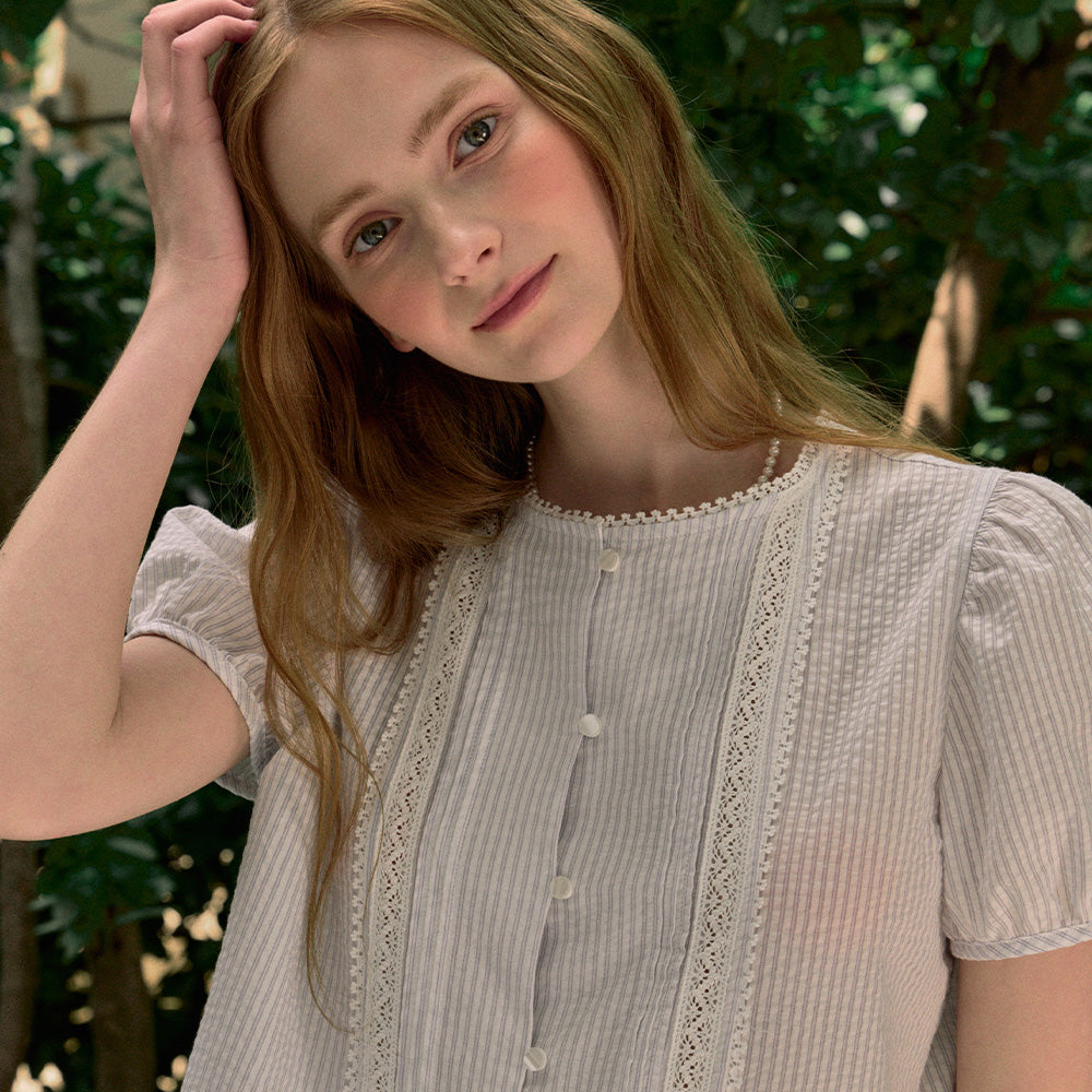 NONLOCAL Ellie Lace Pintuck Stripe Blouse - Light Blue