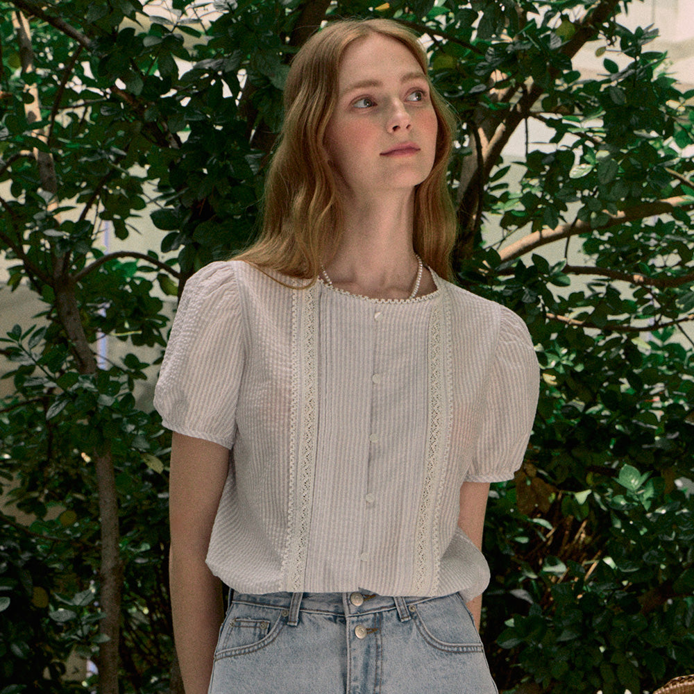 NONLOCAL Ellie Lace Pintuck Stripe Blouse - Light Blue