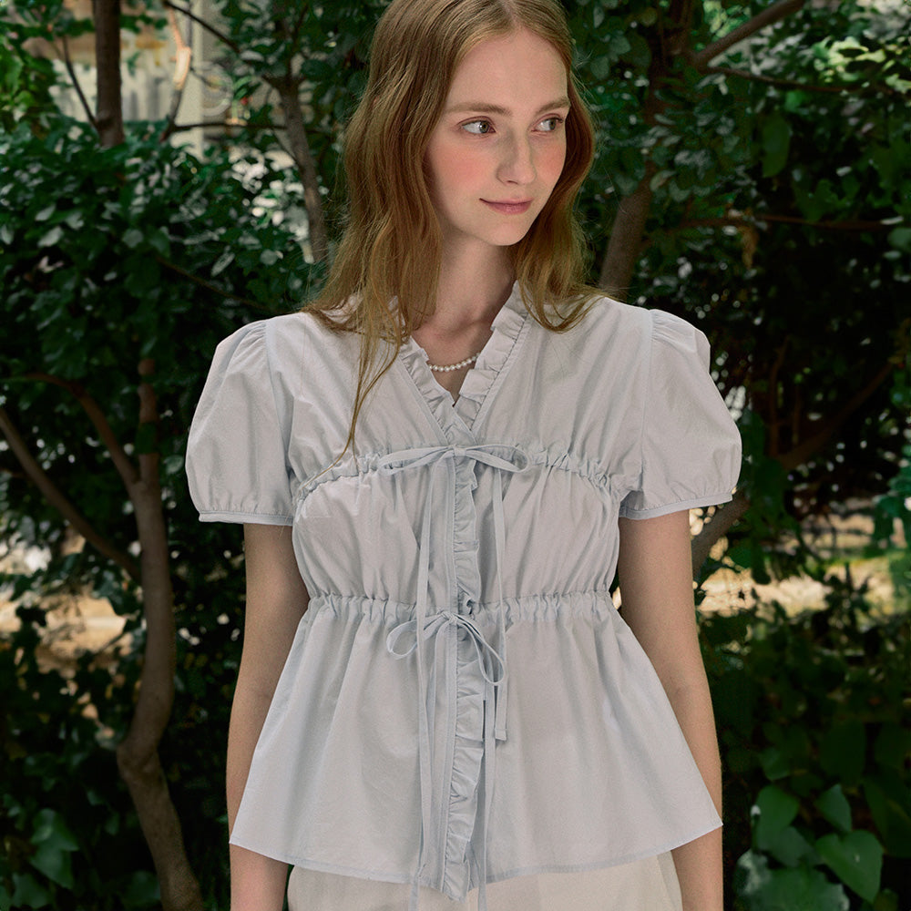 NONLOCAL Ribbon Shirring Puff Sleeve Blouse - Light Blue