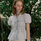 NONLOCAL Ribbon Shirring Puff Sleeve Blouse - Light Blue