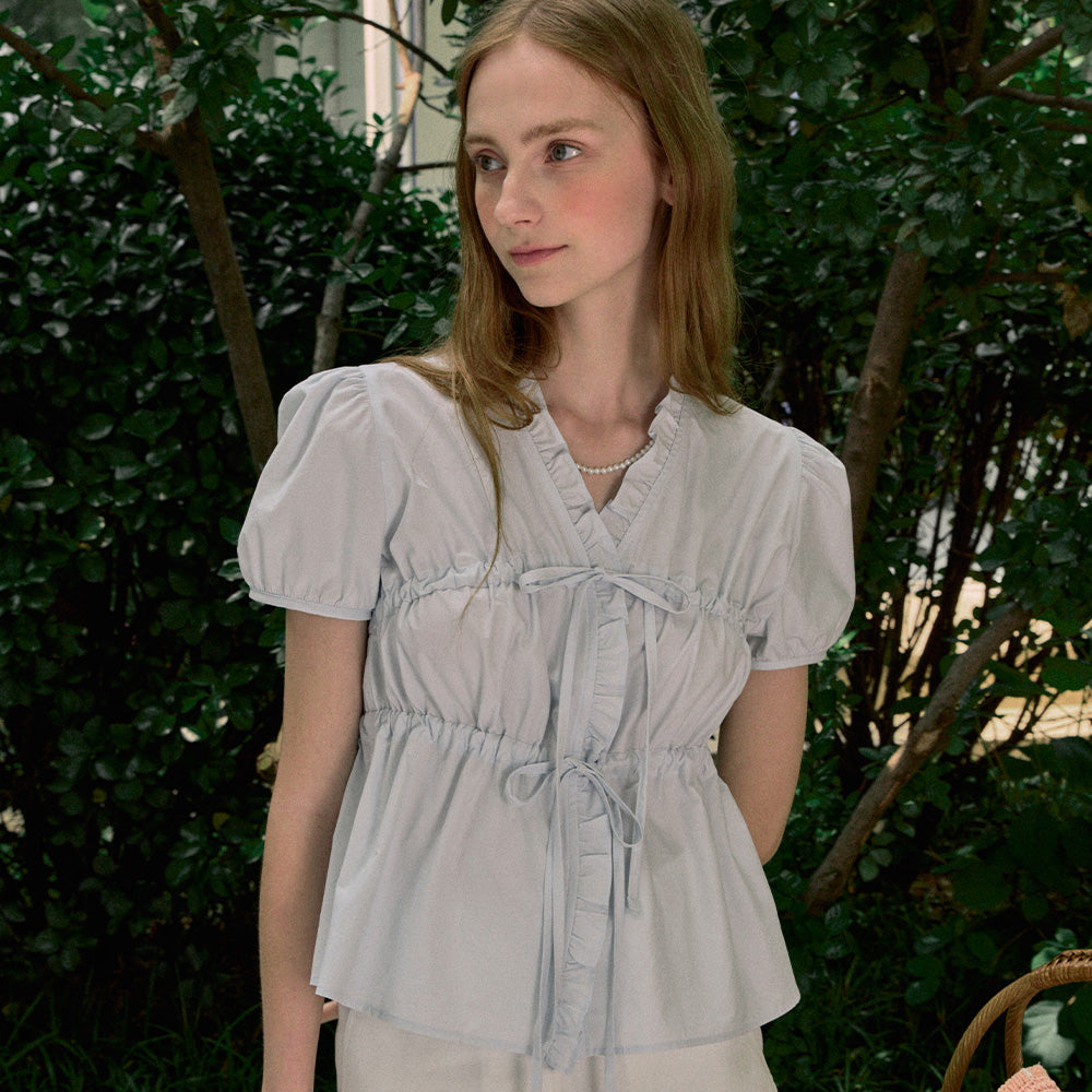 NONLOCAL Ribbon Shirring Puff Sleeve Blouse - Light Blue