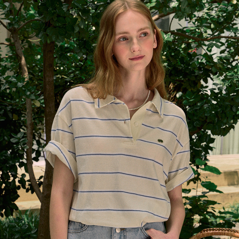 NONLOCAL Multi Stripe Over-fit Collar T-shirt - Cream Yellow