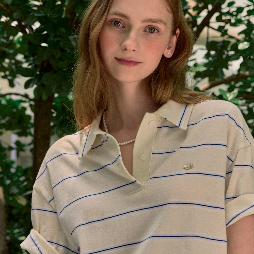 NONLOCAL Multi Stripe Over-fit Collar T-shirt - Cream Yellow