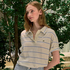 NONLOCAL Multi Stripe Over-fit Collar T-shirt - Cream Yellow