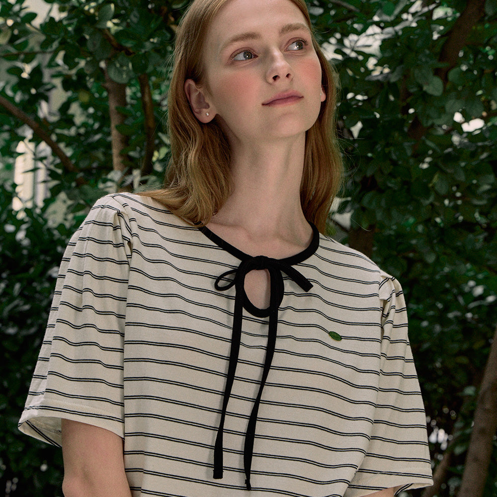 NONLOCAL Ribbon Stripe Puff Sleeve T-shirt - Black