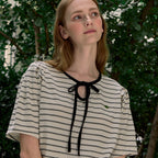 NONLOCAL Ribbon Stripe Puff Sleeve T-shirt - Black