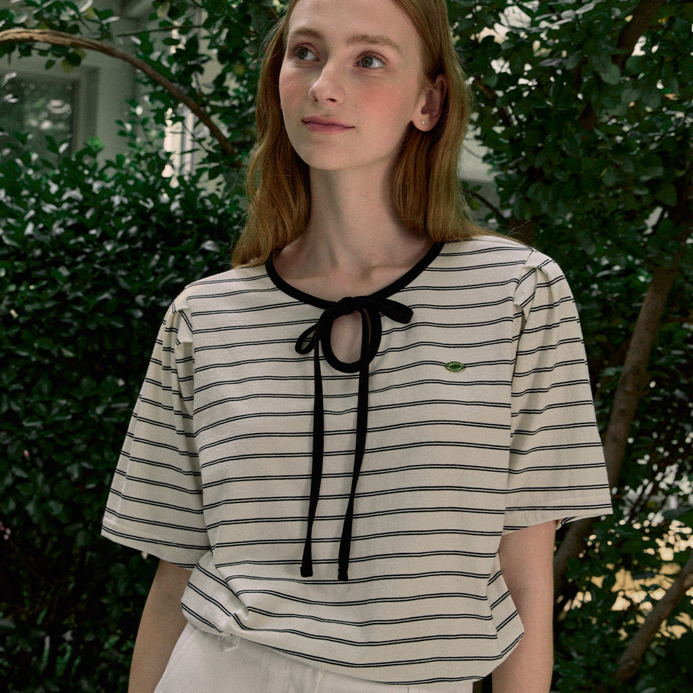 NONLOCAL Ribbon Stripe Puff Sleeve T-shirt - Black
