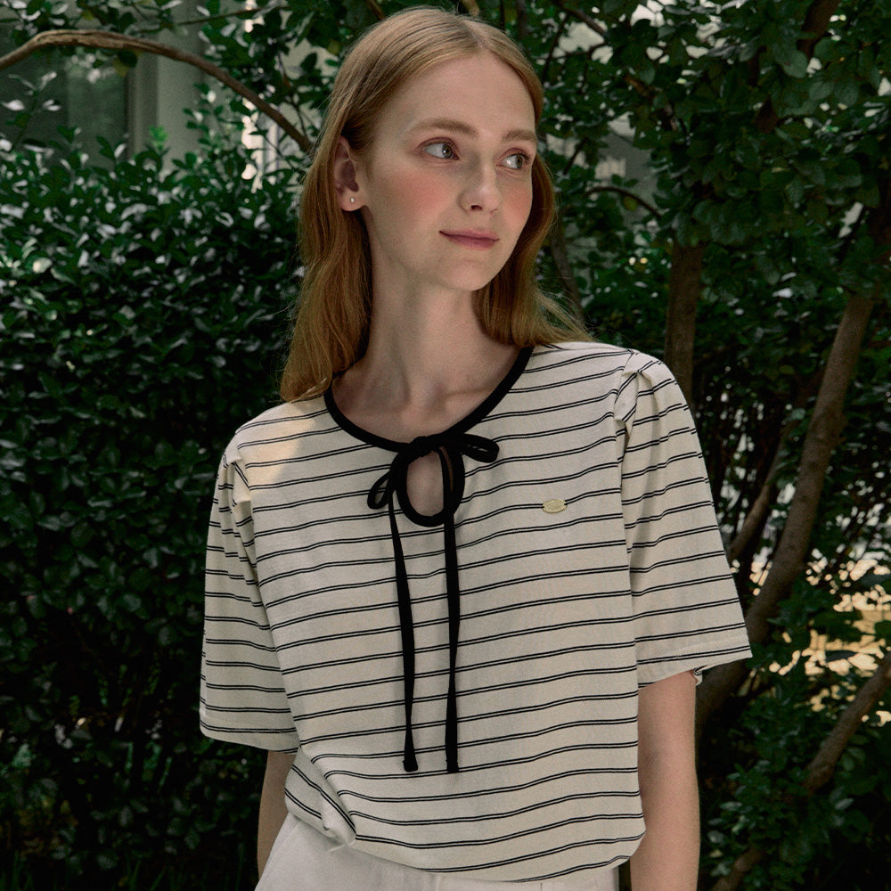 NONLOCAL Ribbon Stripe Puff Sleeve T-shirt - Black