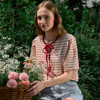 NONLOCAL Ribbon Stripe Puff Sleeve T-shirt - Red