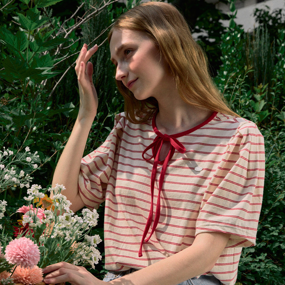 NONLOCAL Ribbon Stripe Puff Sleeve T-shirt - Red