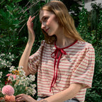 NONLOCAL Ribbon Stripe Puff Sleeve T-shirt - Red