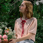 NONLOCAL Ribbon Stripe Puff Sleeve T-shirt - Red