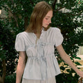 NONLOCAL Ribbon Shirring Puff Sleeve Blouse - Light Blue