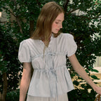 NONLOCAL Ribbon Shirring Puff Sleeve Blouse - Light Blue