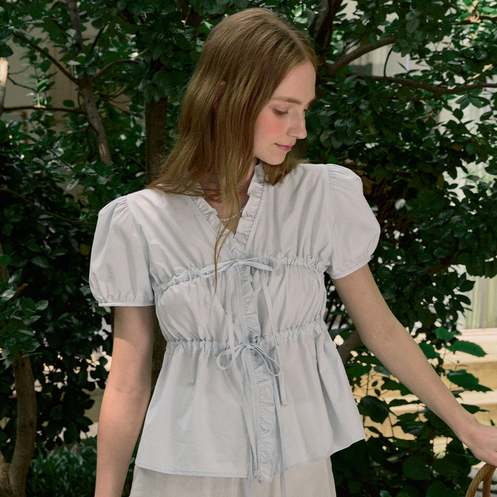 NONLOCAL Ribbon Shirring Puff Sleeve Blouse - Light Blue