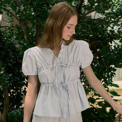 Ribbon Shirring Puff Sleeve Blouse - Light Blue