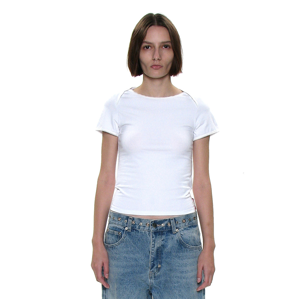 PARTIMENTO WOMEN PWC WRAP BOAT NECK LACE TRIM TEE_8COLOR