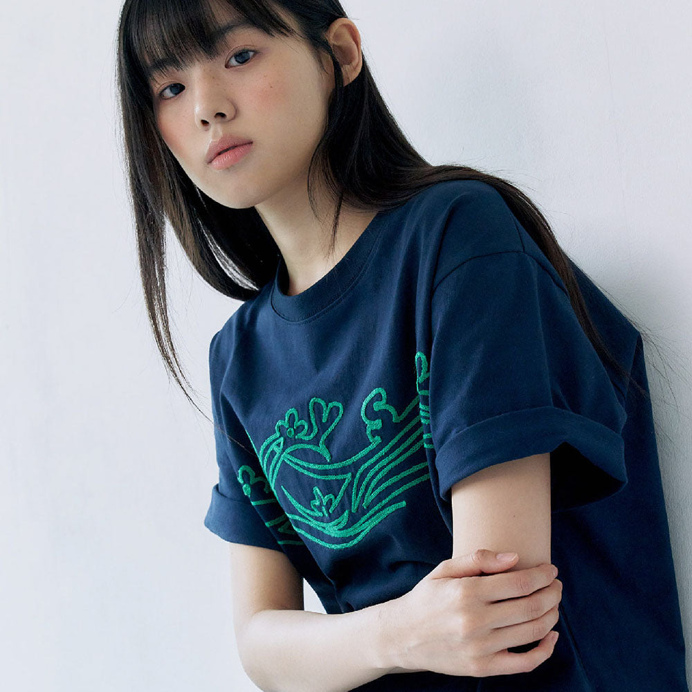 -rysm Wave embroidery t-shirt - Navy