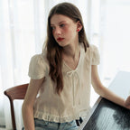 ADAUL Puff button ribbon half sleeve blouse - white