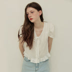 ADAUL Puff button ribbon half sleeve blouse - white
