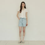 ADAUL Puff button ribbon half sleeve blouse - white
