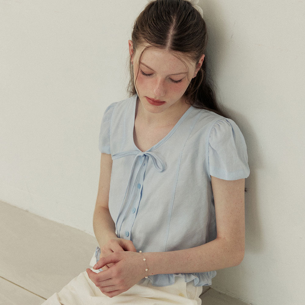 ADAUL Puff button ribbon half sleeve blouse - sora