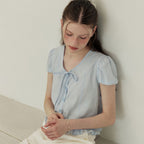 ADAUL Puff button ribbon half sleeve blouse - sora