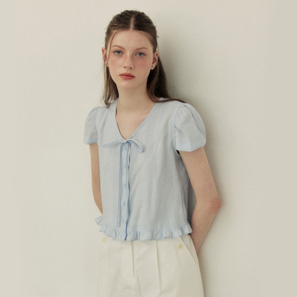 ADAUL Puff button ribbon half sleeve blouse - sora
